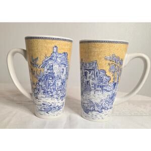 Pair of Century Blue & Yellow English Toile Mugs 6" Tall (16 oz.)